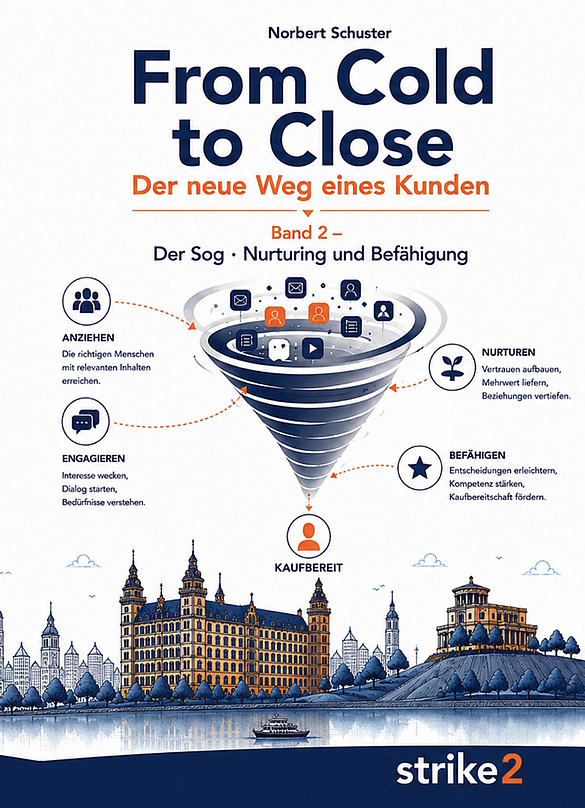 Buchcover „From Cold to Close – Band 2: Der Sog“ von Norbert Schuster über Nurturing und Befähigung im B2B.