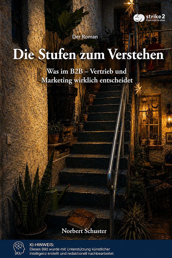 Buchcover „Die Stufen zum Verstehen“ mit einer stimmungsvoll beleuchteten Treppe als Symbol für Erkenntnis, Verständnis und erfolgreiche B2B-Kommunikation.