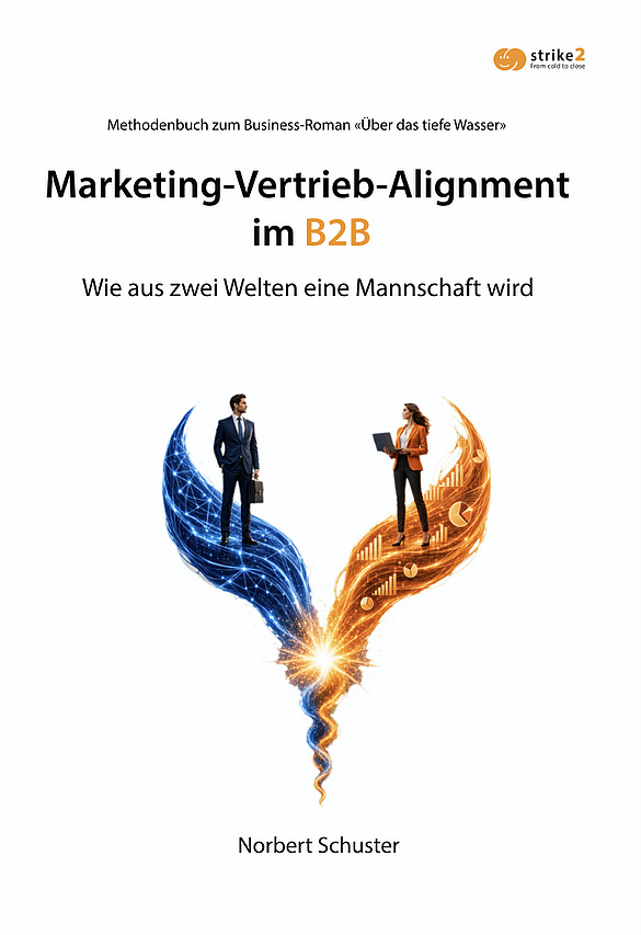 Buchcover: Marketing-Vertrieb-Alignment im B2B von Norbert Schuster. Zwei Figuren auf blauen und orangefarbenen Energiewellen, die sich in der Mitte vereinen – Sinnbild für die Überwindung von Silos zwischen Marketing und Vertrieb.