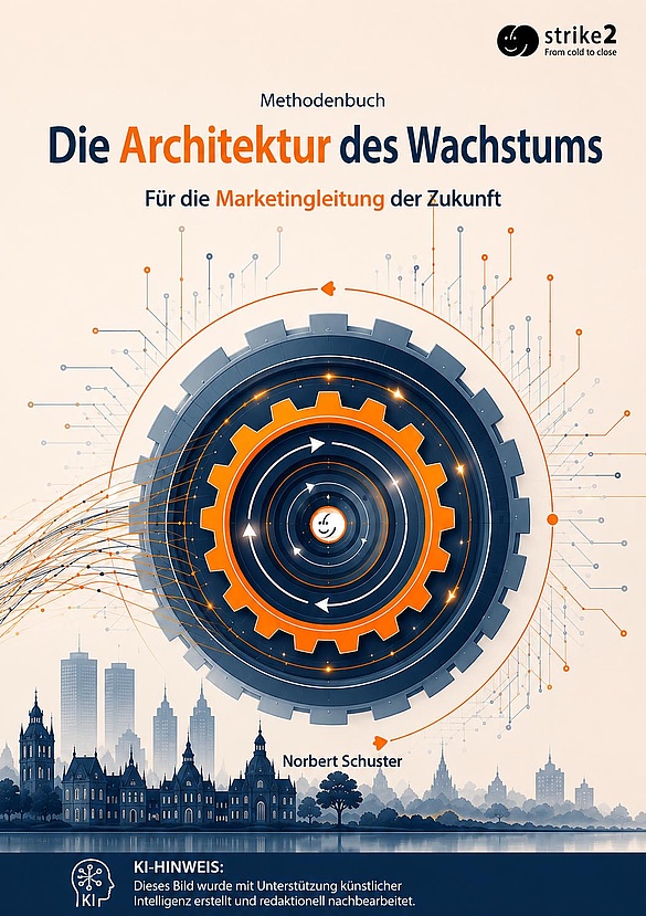 Buchcover „Die Architektur des Wachstums“ mit ineinandergreifenden Zahnrädern als Symbol für modernes Marketing, Digitalisierung und Wachstum.