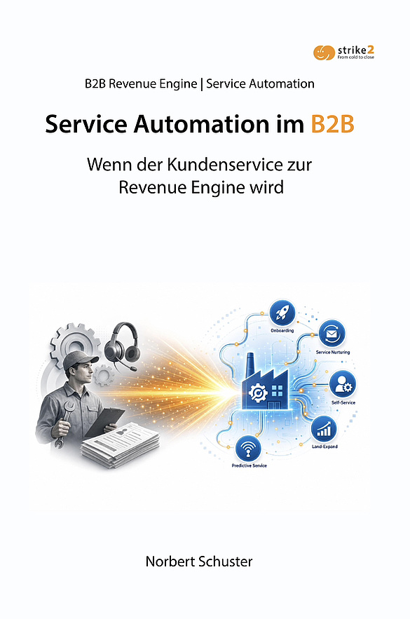Buchcover Service Automation im B2B von Norbert Schuster mit digitaler Fabrik und Service-Icons.
